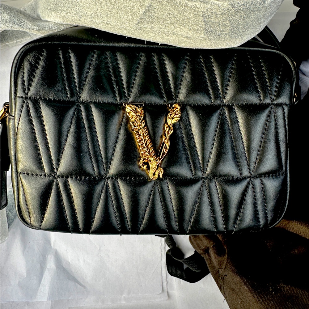Versace black and gold crossbody camera bag